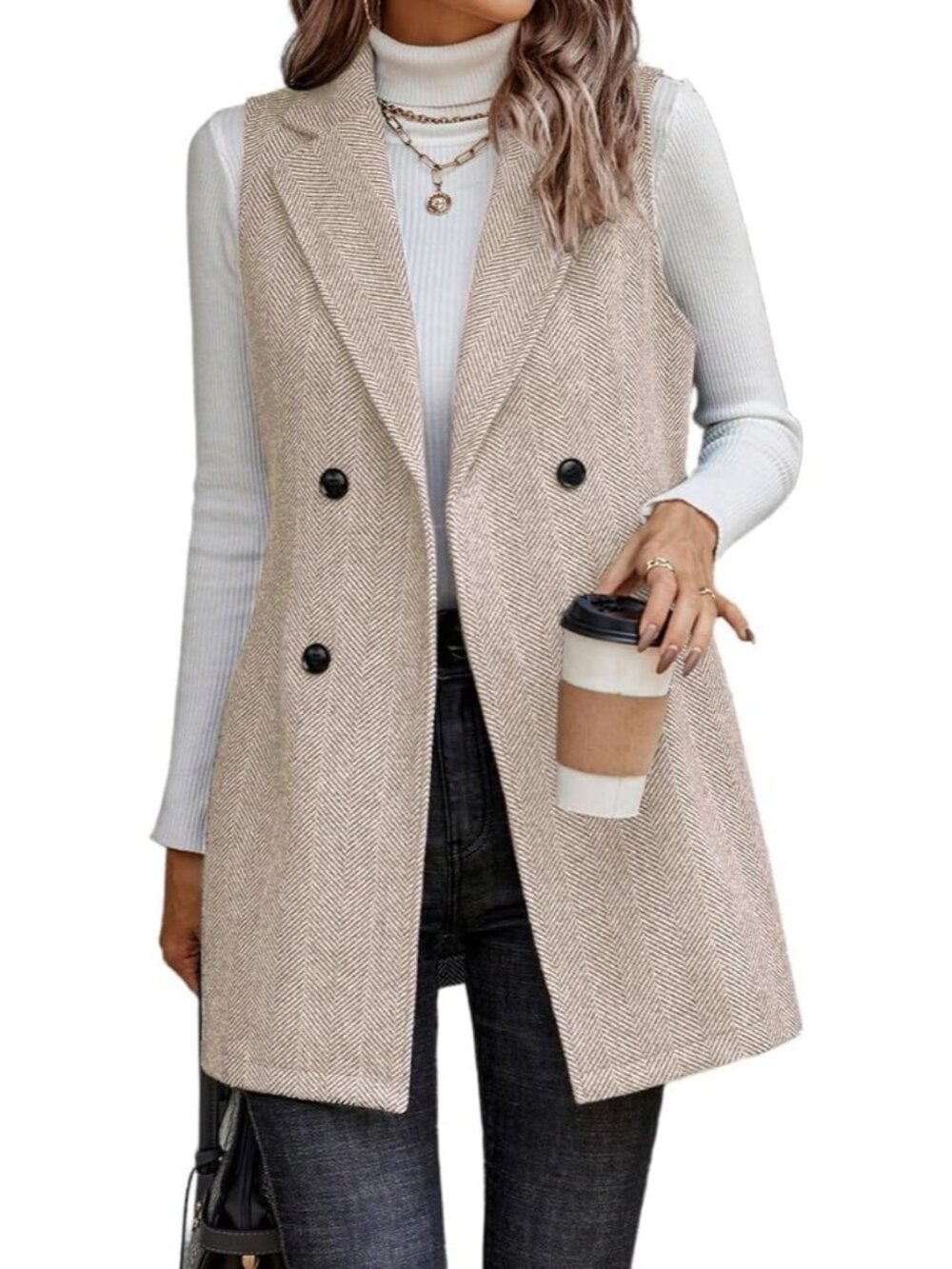 Women Beige Notch Collar Sleeveless Cardigan Outerwear Tweed Blazer Fall Jackets